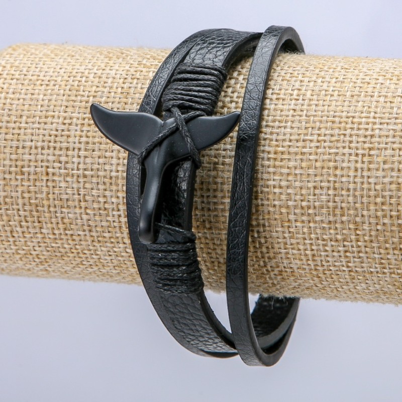 Men's "Tail" Bracelet, Black Eco-Leather, Thickness 9mm+/-, Black Inserts, Length 22cm