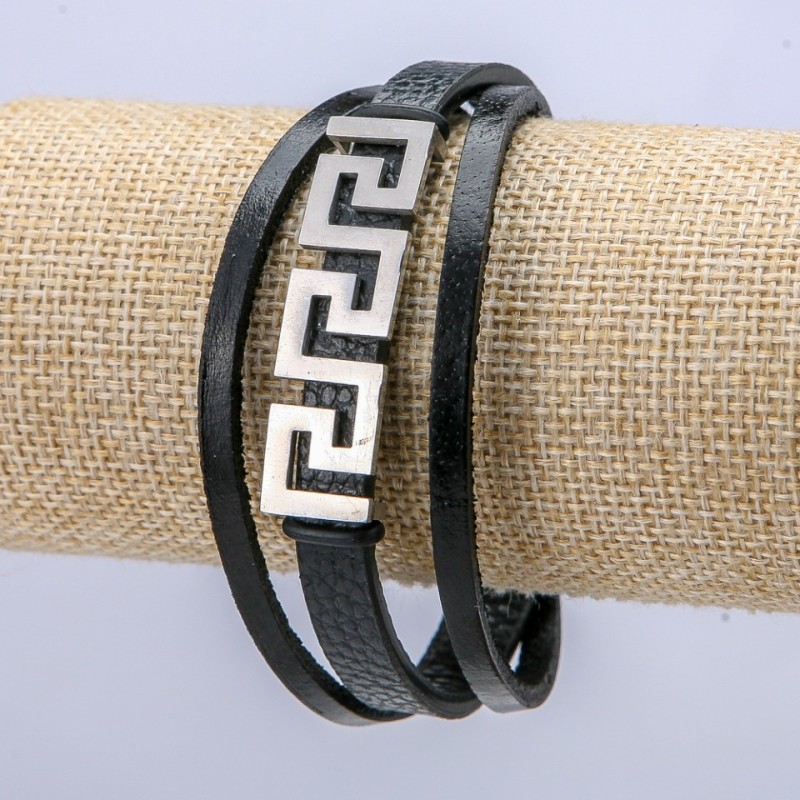 Men's Black Eco-Leather Bracelet, thickness 10mm+/-, Silver-Tone Insert, length 21cm