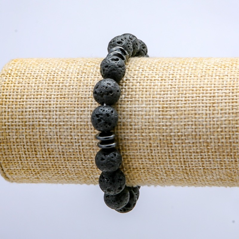 Lava Stone Elastic Bracelet with Dark Accents, 10mm+/- Diameter