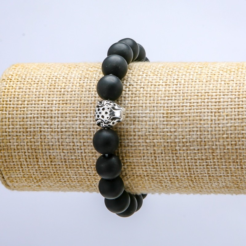 Shungite Elastic Bracelet (Synthetic), Leopard Charm, 10mm+/- Diameter, 18cm+ Length