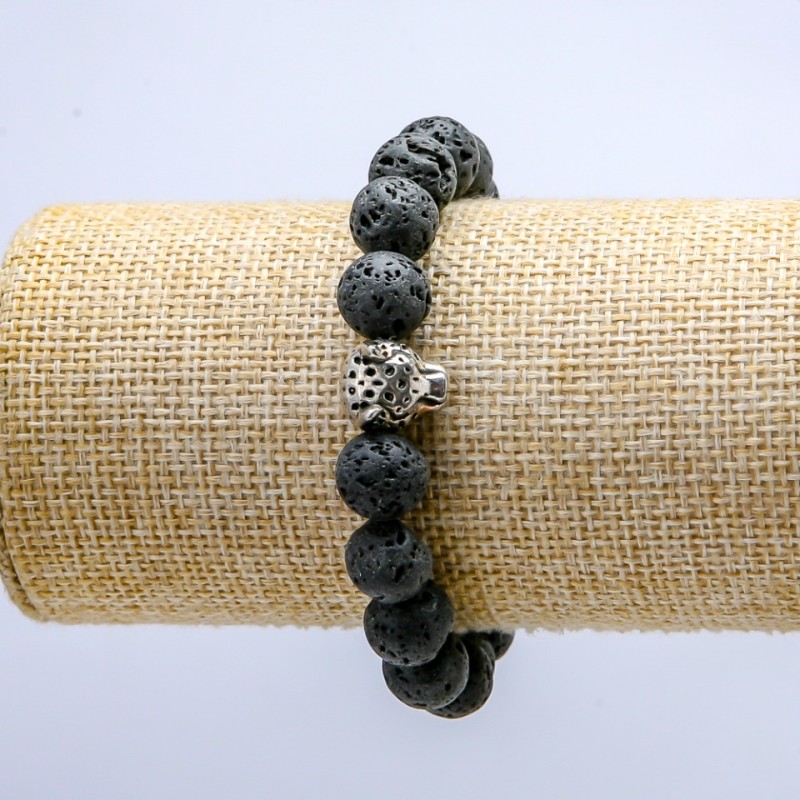 Lava Stone Elastic Bracelet, Leopard Charm, 10mm+/- Diameter