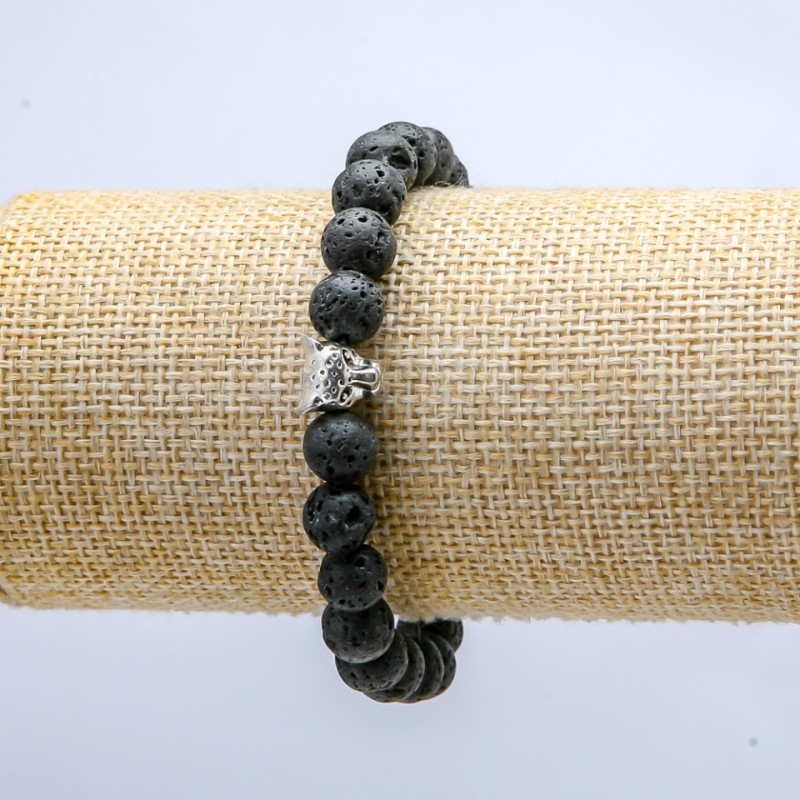 Lava Stone Elastic Bracelet, Leopard Charm, 8mm+/- Diameter