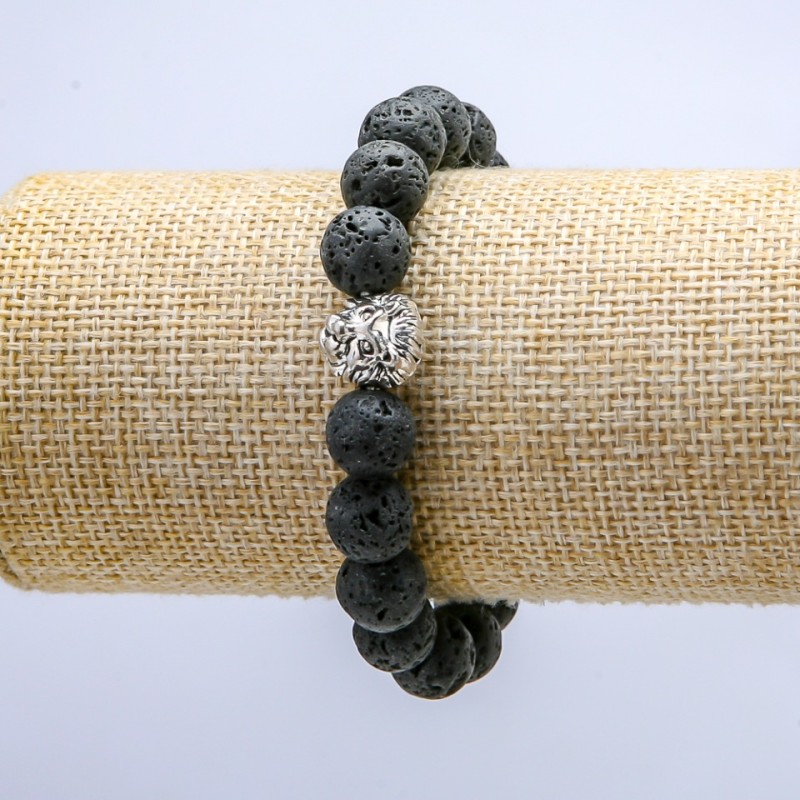 Lava Stone Stretch Bracelet, 10mm+/- diameter, with Lion