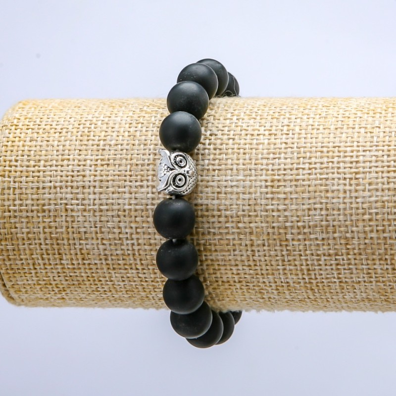 Shungite Elastic Bracelet (Synthetic), Owl Charm, 10mm+/- Diameter, 18cm+ Length