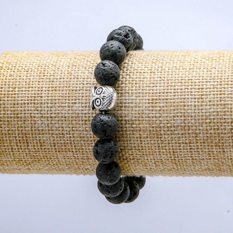 Lava Stone Stretch Bracelet, 10mm+/- diameter, with Owl