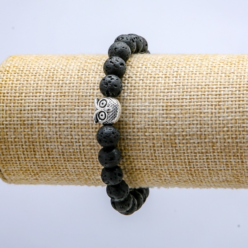Lava Stone Stretch Bracelet, 8mm+/- diameter, with Owl
