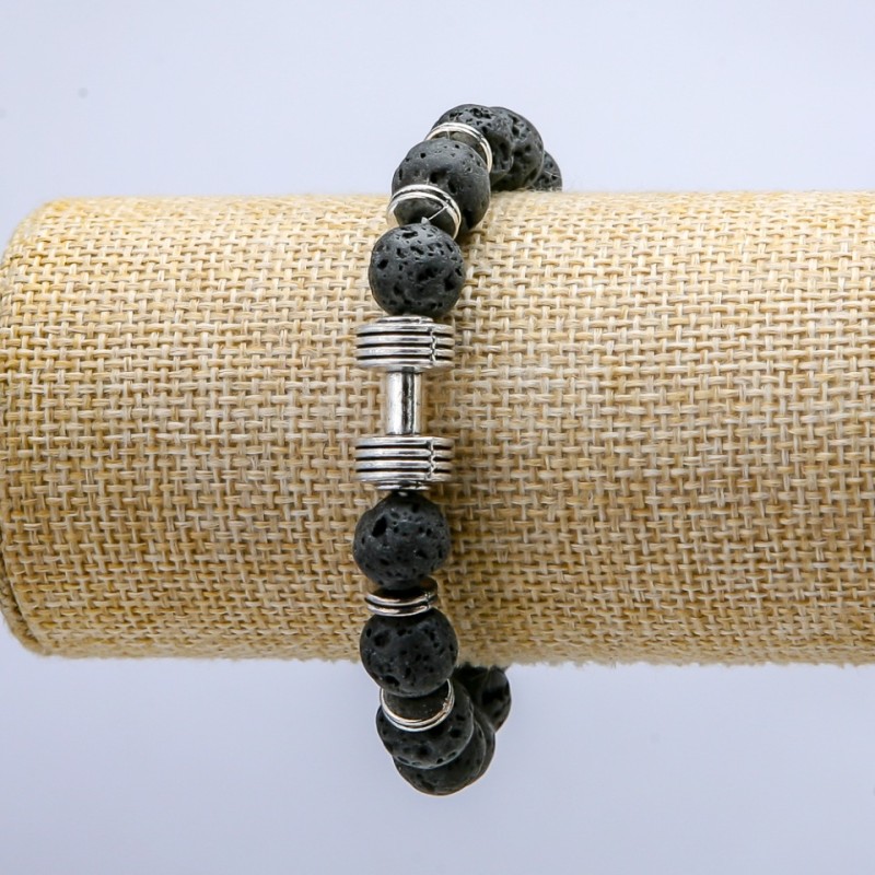 Lava Stone Elastic Bracelet with Dumbbell Charm and Accents, 10mm+/- Diameter