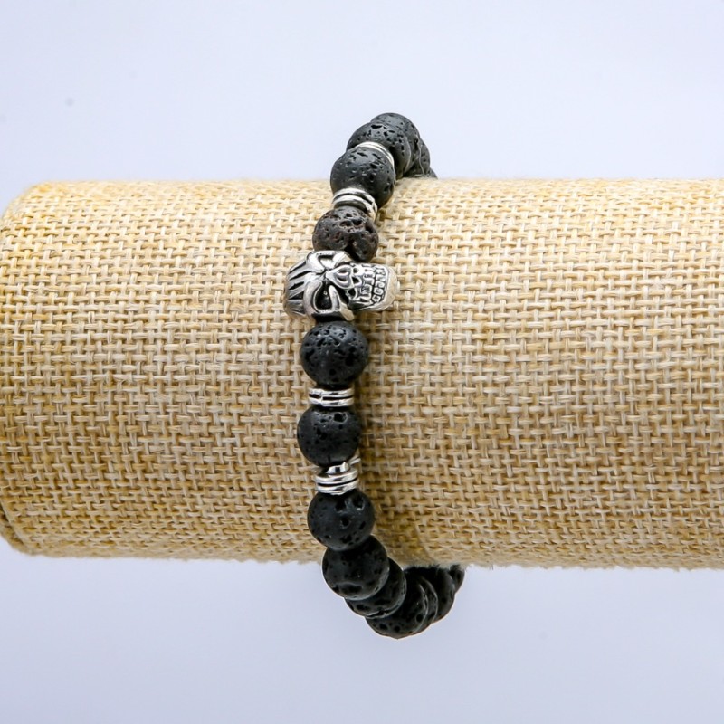 Lava Stone Stretch Bracelet, 8mm+/- diameter, with Skull and Inserts