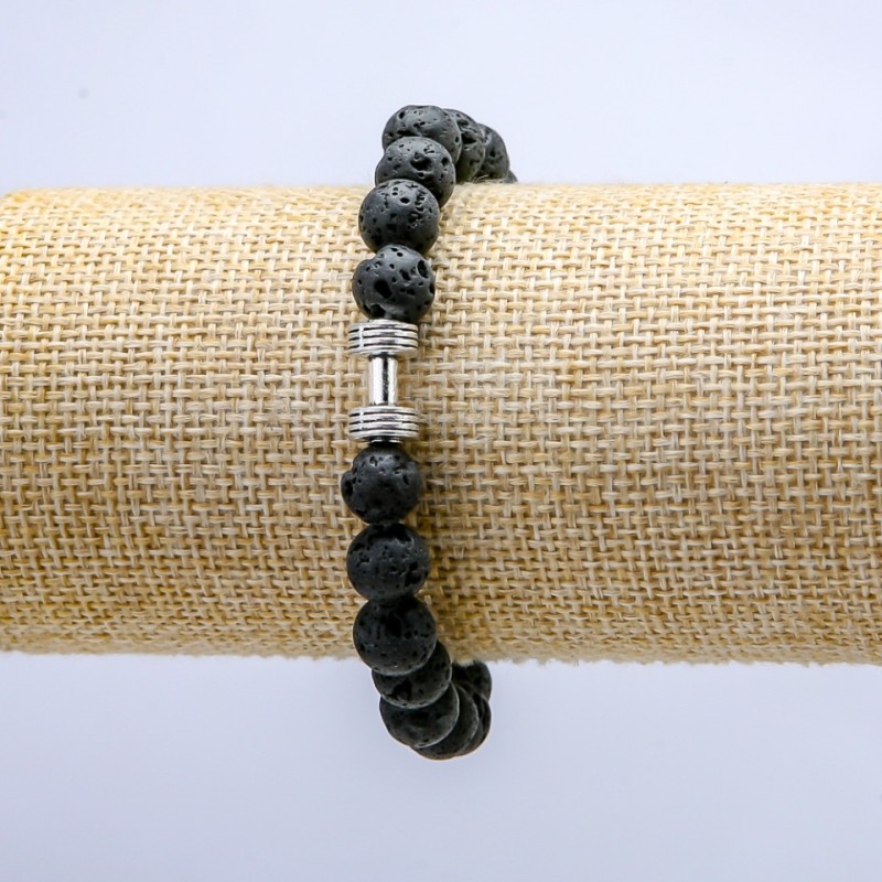 Lava Stone Stretch Bracelet, 8mm+/- diameter, with Dumbbell