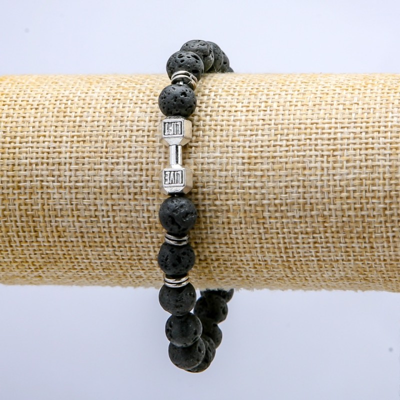 Lava Stone Elastic Bracelet with Dumbbell Charm and Accents, 8mm+/- Diameter