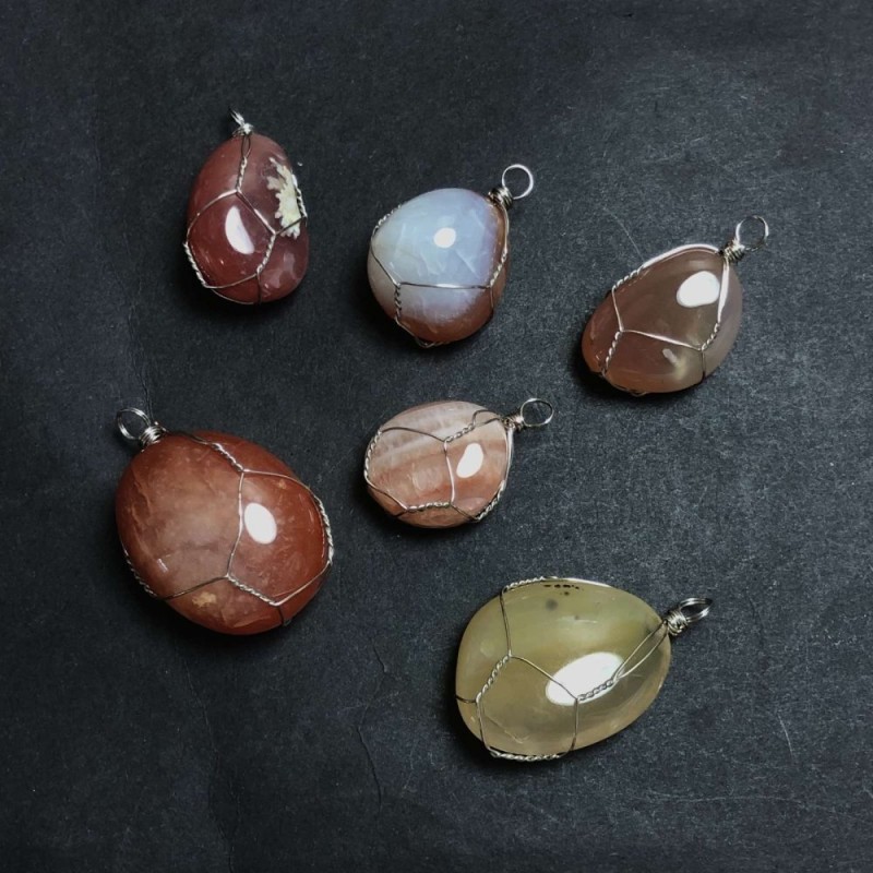 Pendant in Silver-Tone Wire Wrap with Natural Carnelian Stone, assorted sizes