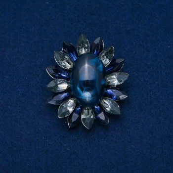 Flower Brooch 50x43mm Agate Cabochon, blue, gray color, silver-tone metal