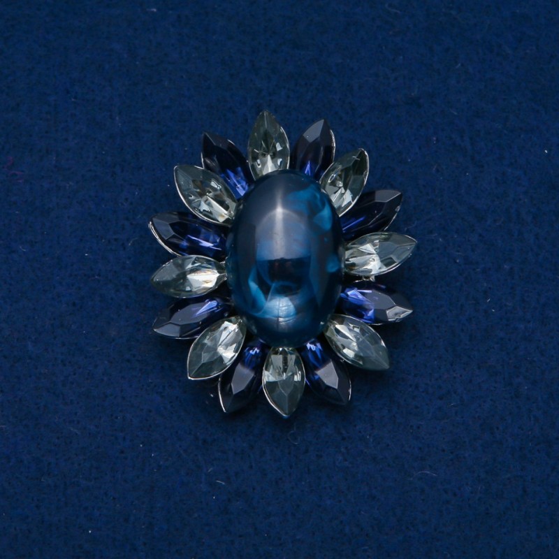 Flower Brooch 50x43mm Agate Cabochon, blue, gray color, silver-tone metal
