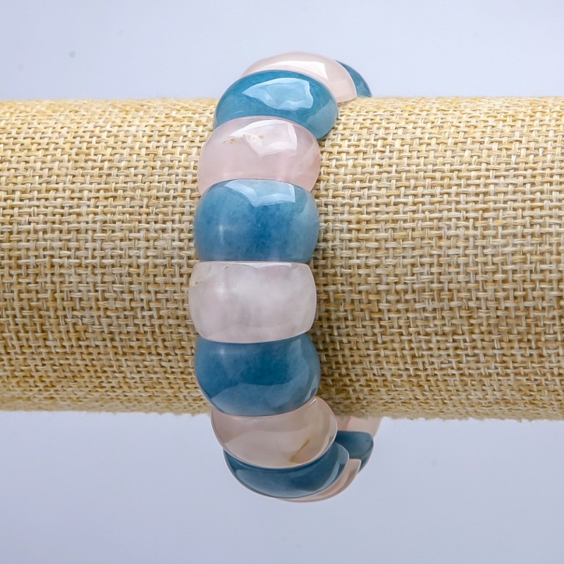 Elastic Bracelet with Natural Rose Quartz and Aquamarine Stone, smooth link 20x12mm+