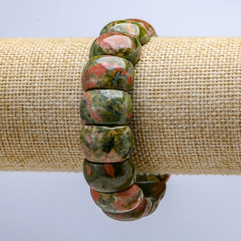 Elastic Bracelet with Natural Heliotrope and Unakite Stone, smooth link 20x12mm+