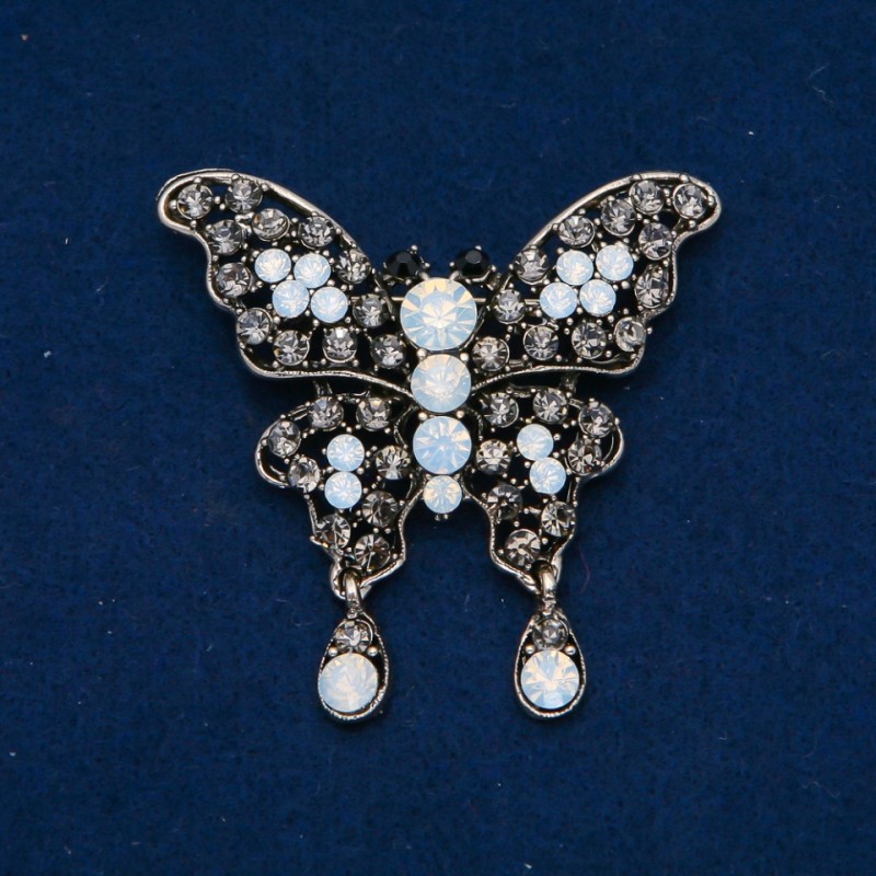 Clearance! Butterfly Brooch with White Matte and Gray Rhinestones, dark silver-tone metal 35x48mm +