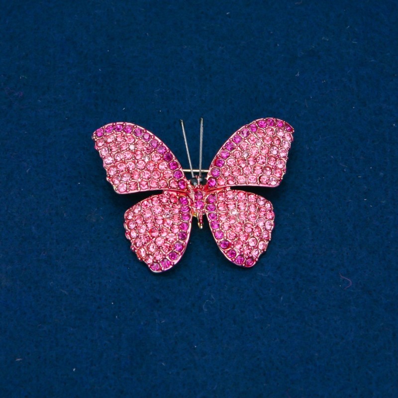 Sale! Butterfly Brooch with Pink and Raspberry Rhinestones, Gold-Tone Metal 35x45mm +
