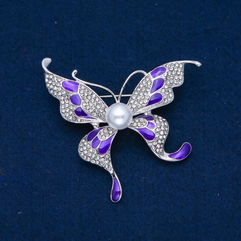 Sale! Butterfly Brooch White Rhinestones, Enamel, Bead, Silver-Tone Metal 60x60mm +