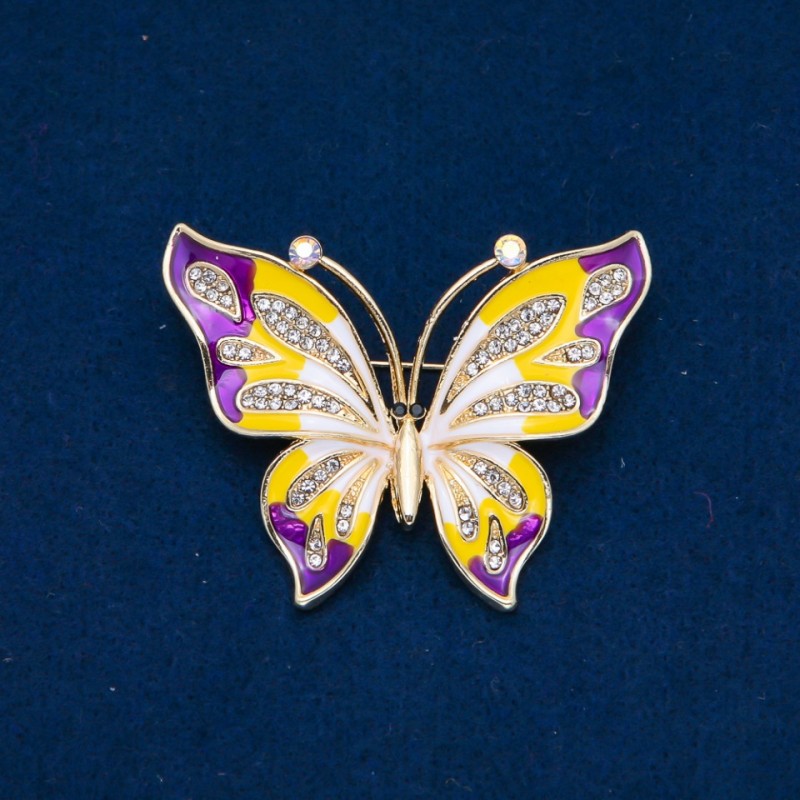 Sale! Butterfly Brooch Enamel, White Rhinestones, Gold-Tone Metal 54x43mm +