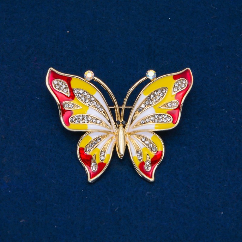 Clearance! Butterfly Brooch with Enamel and White Rhinestones, gold-tone metal 54x43mm +