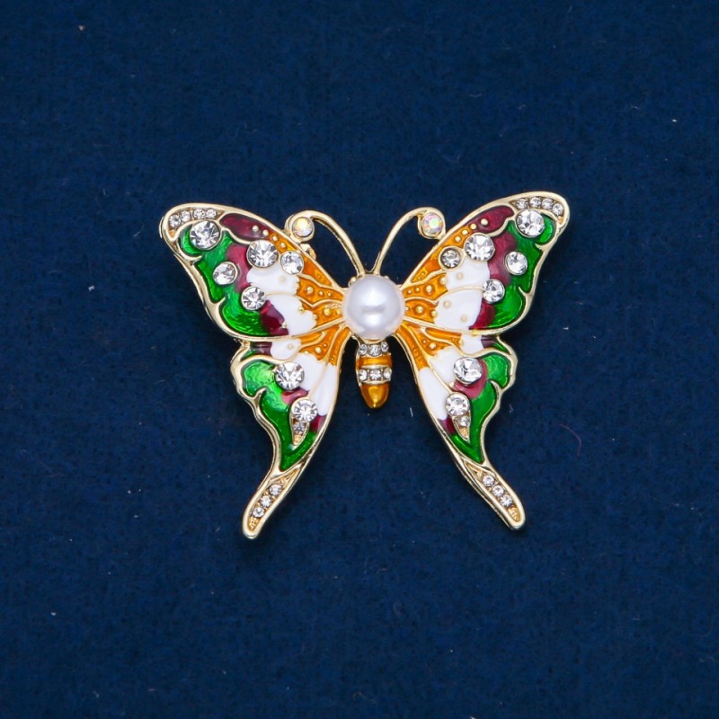 Sale! Butterfly Brooch White Rhinestones, Enamel, Bead, Gold-Tone Metal 52x44mm +