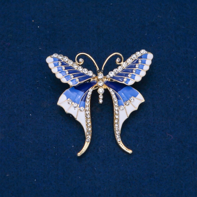 Clearance! Butterfly Brooch with White Rhinestones, Light Blue, Blue and White Enamel, gold-tone metal 48x50mm +