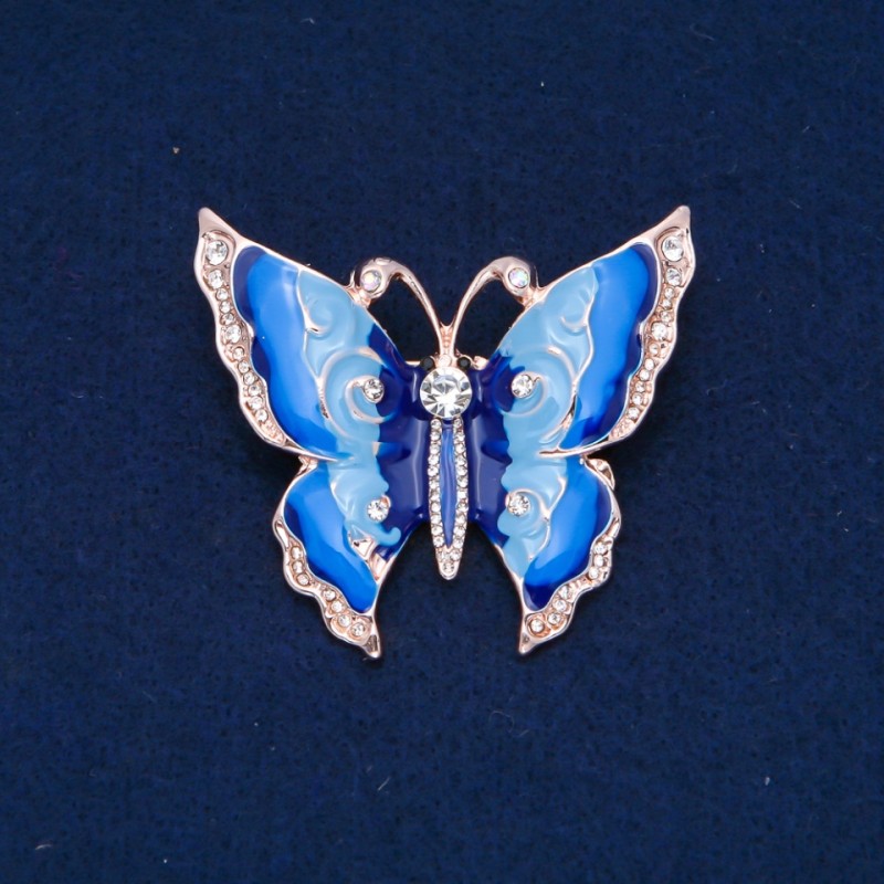 Sale! Butterfly Brooch White Rhinestones, Sky-Blue and Blue Enamel, Gold-Tone Metal 47x52mm +