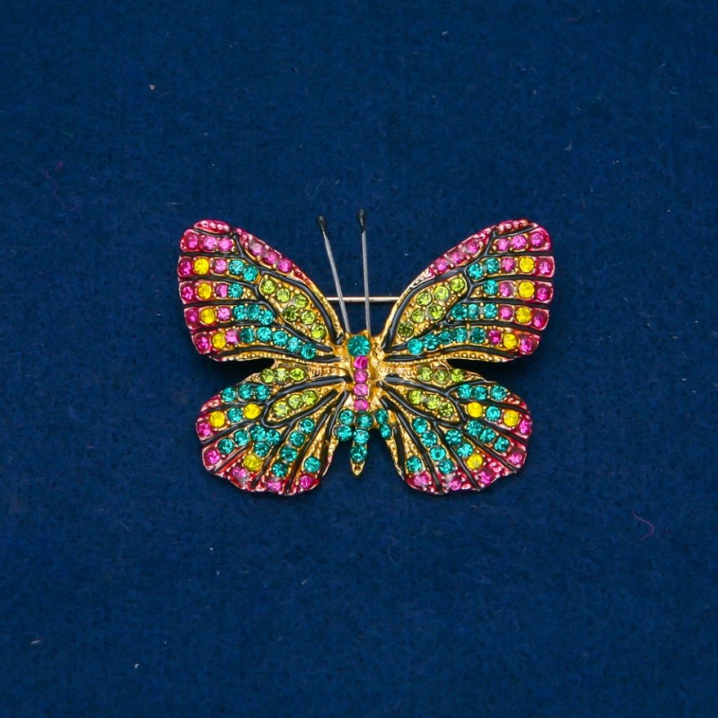 Clearance! Butterfly Brooch with Yellow, Green, Raspberry Rhinestones, gold-tone metal 35x48mm +