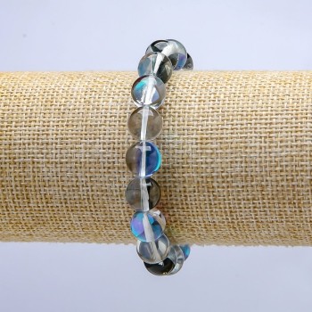 Blue Chameleon Opal Glass Bracelet on Elastic Band, Smooth Beads, Diameter 10mm, Length 18cm