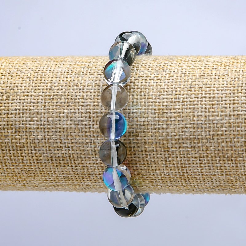 Blue Chameleon Opal Glass Bracelet on Elastic Band, Smooth Beads, Diameter 10mm, Length 18cm