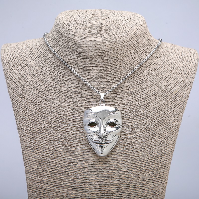 "Mime Mask" Pendant 48x38mm on Chain, 65cm Length, Silver-Tone Metal