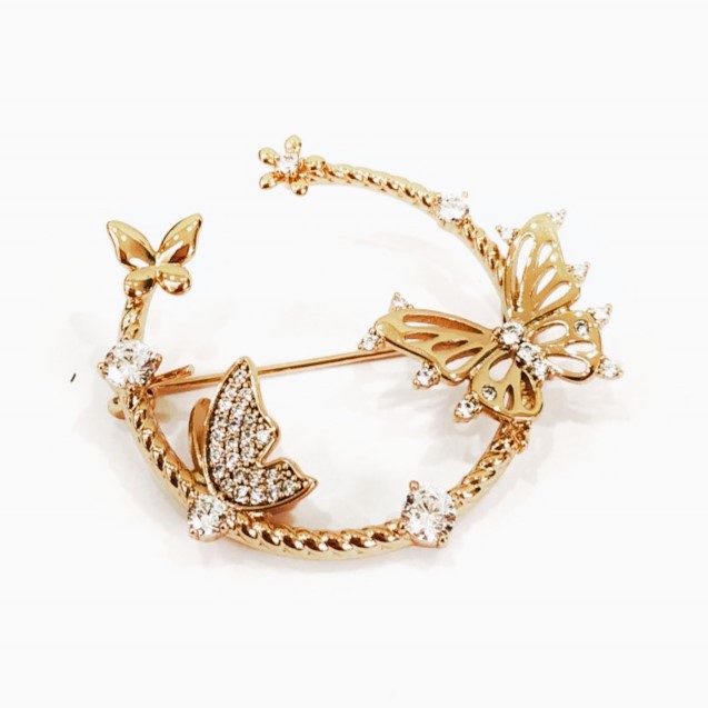 Xuping Brooch 18K Gold Plated, White and Petrol-Blue Rhinestones, Diameter 32x35mm+