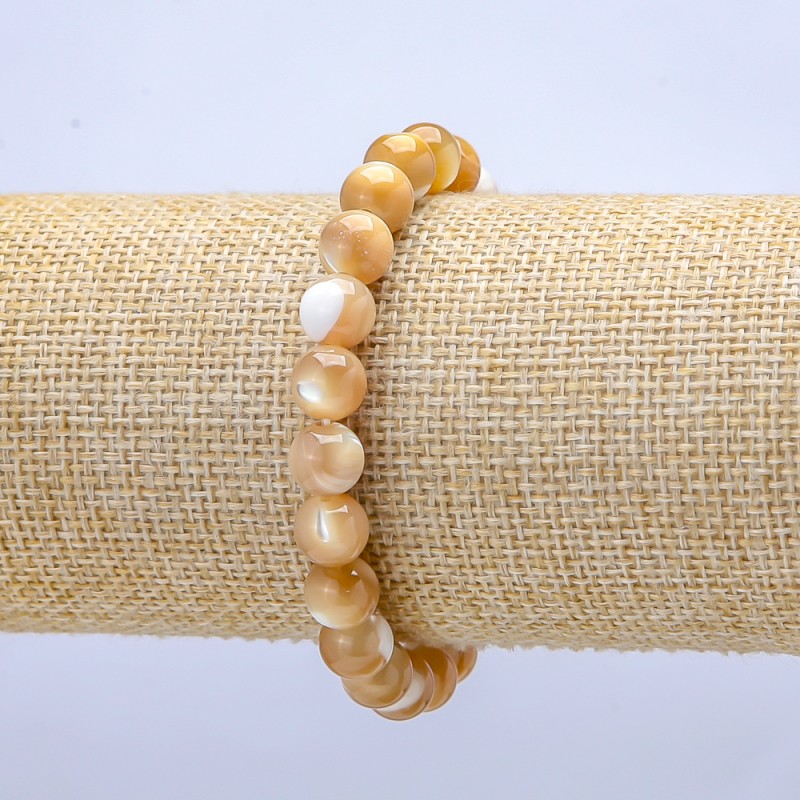 Natural Mother-of-Pearl Bracelet on Elastic, Beige Smooth Bead, Diameter 8mm+-, Length 18cm+