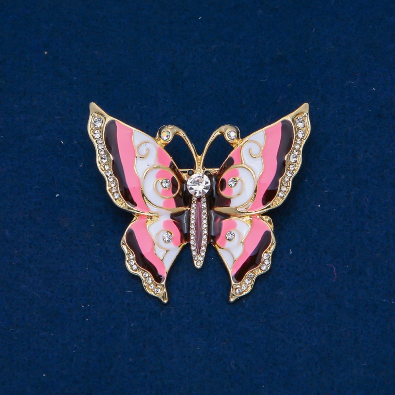 Sale! Butterfly Brooch Golden Metal, Enamel, White Rhinestones 46x52mm+