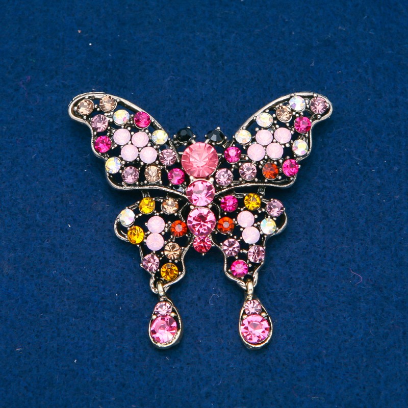 Clearance! Butterfly Brooch, Gold-Tone Metal, Multicolor Rhinestones 48x60mm +