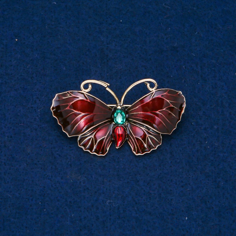 Clearance! Butterfly Brooch, Gold-Tone Metal, Enamel, Green Rhinestone 48x27mm +