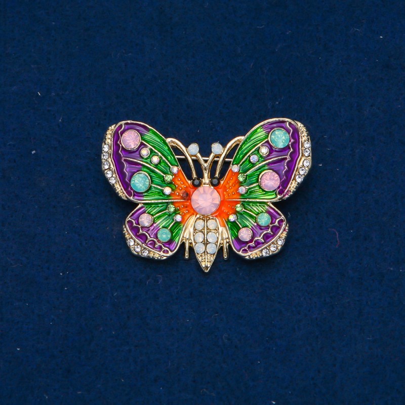 Sale! Butterfly Brooch, gold-tone metal, enamel, pink, green and white rhinestones, 44x30mm +