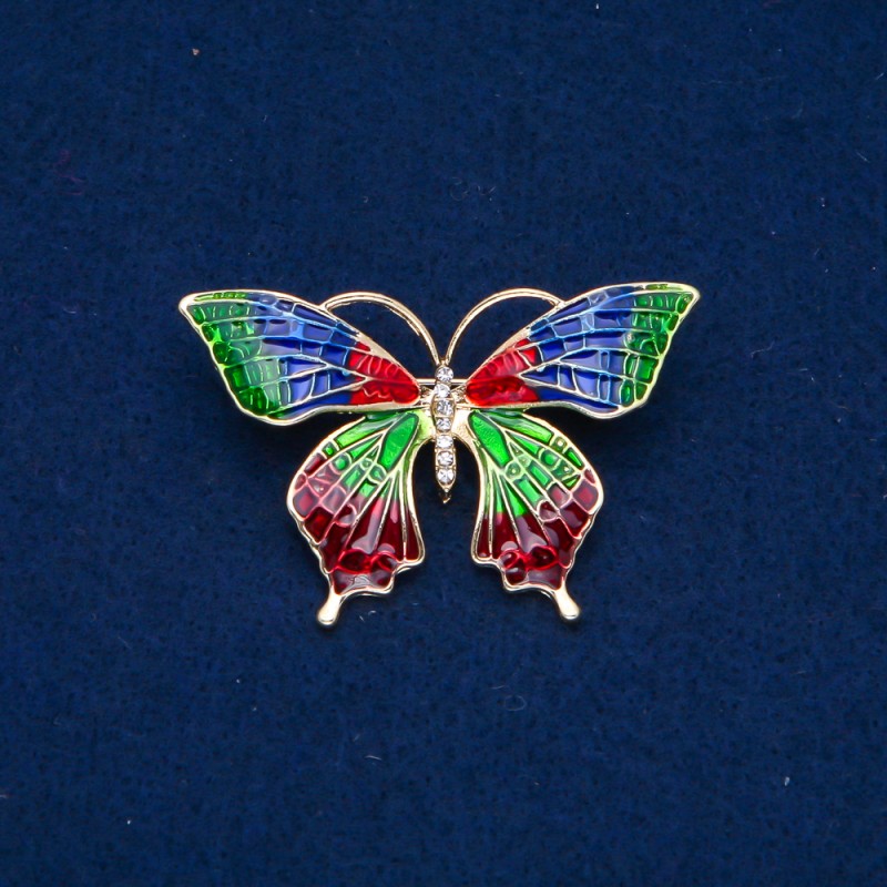 Sale! Butterfly Brooch, gold-tone metal, enamel and white rhinestones, 30x50mm +