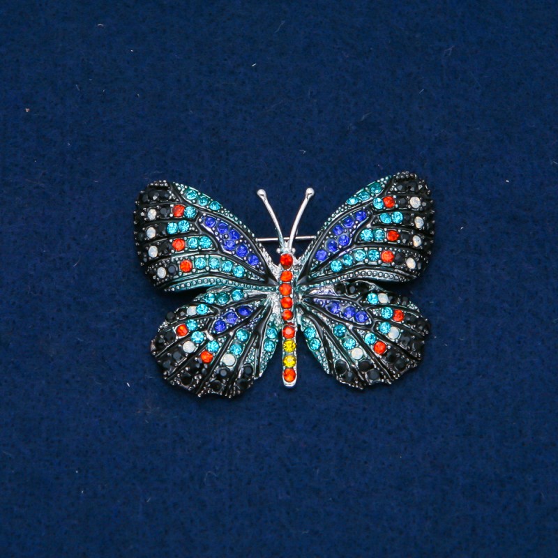 Sale! Butterfly Brooch, silver-tone metal, multicolor rhinestones, 35x50mm +