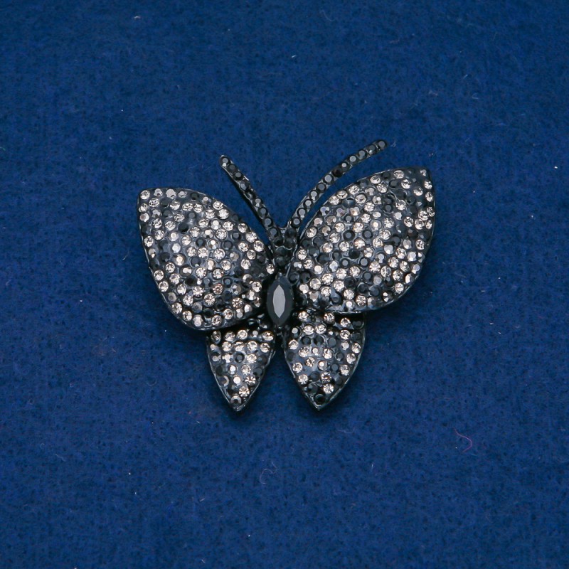 Sale! Butterfly Brooch, silver-tone metal, black and white rhinestones, 44x48mm +