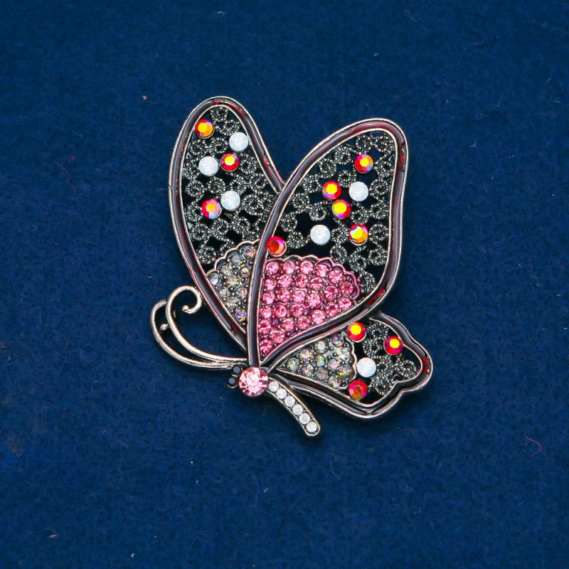 Sale! Butterfly Brooch, gold-tone metal, multicolor rhinestones, 50x60mm +