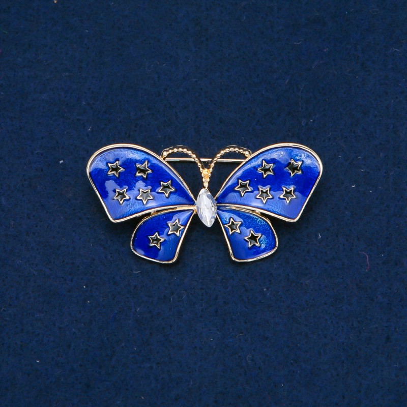 Clearance! Butterfly Brooch, Gold-Tone Metal, Enamel & White Rhinestone 48x24mm +