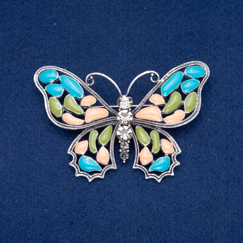 Sale! Butterfly Brooch, Silver-Tone Metal, Enamel and White Rhinestones 48x70mm +