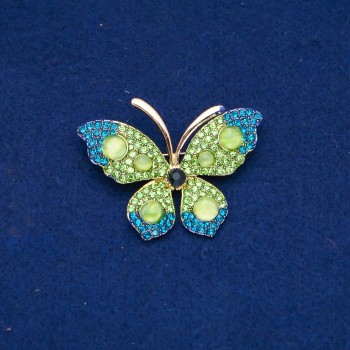 Sale! Butterfly Brooch, Gold-Tone Metal, Green and Blue Rhinestones, Beads 34x50mm +