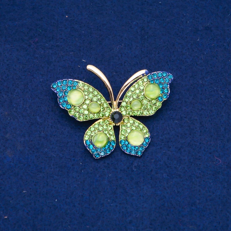 Sale! Butterfly Brooch, Gold-Tone Metal, Green and Blue Rhinestones, Beads 34x50mm +