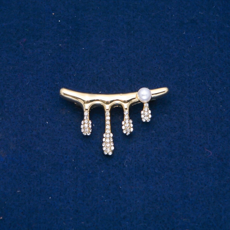 Brooch, Gold-Tone Metal, White Rhinestones and Bead 43x28mm +