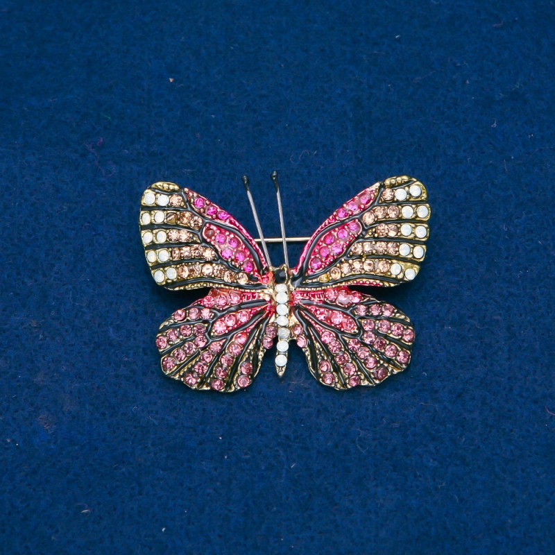 Sale! Butterfly Brooch, Gold-Tone Metal, Pink, Gold and White Rhinestones 38x47mm +