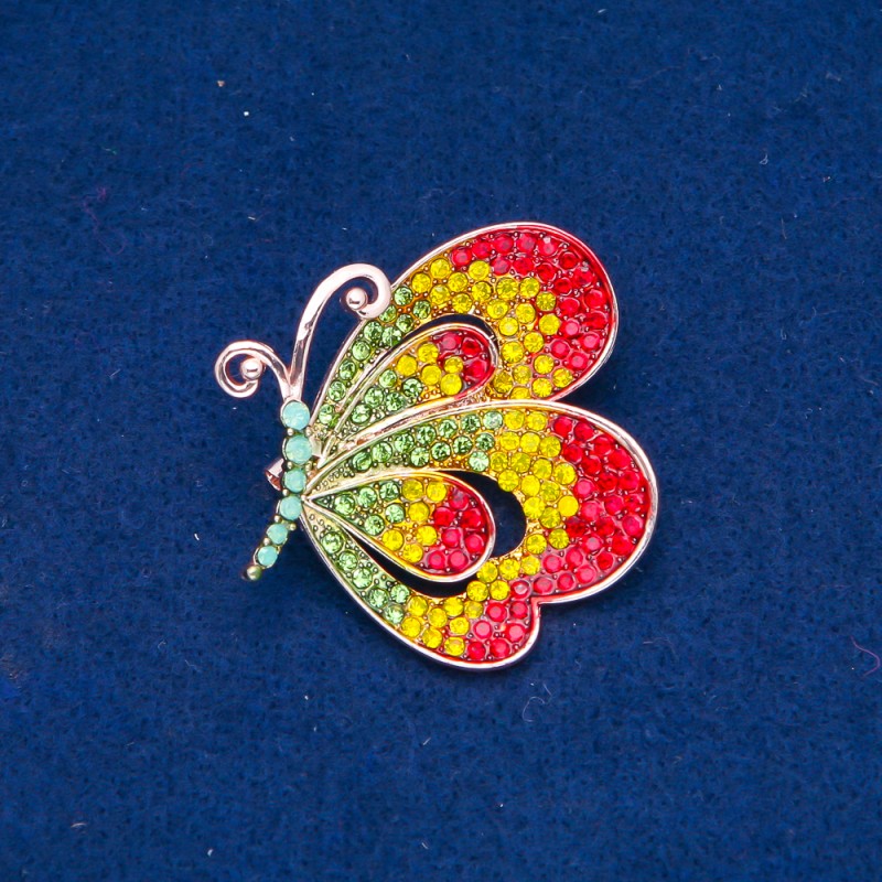 Sale! Butterflies Brooch, Gold-Tone Metal, Green, Yellow and Red Rhinestones 43x43mm +