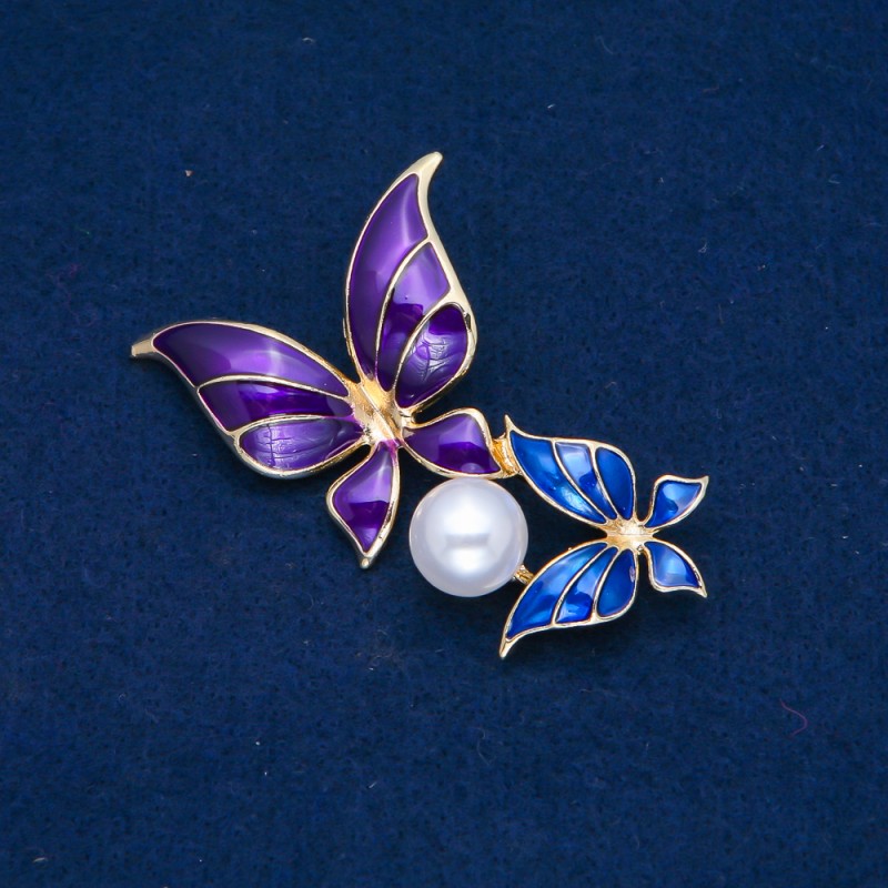 Sale! Butterflies Brooch, Gold-Tone Metal, Blue and Purple Enamel, White Bead 65x38mm +