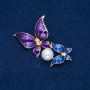 Sale! Butterflies Brooch, Gold-Tone Metal, Blue and Purple Enamel, White Bead 65x38mm +
